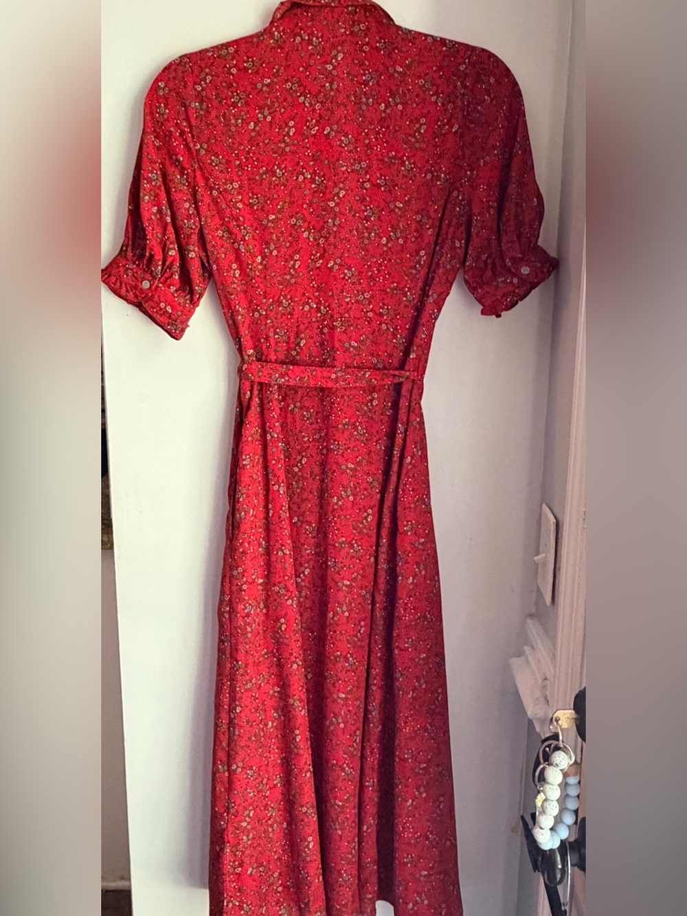 Max Studio Red Floral Button-Down Midi Dress with Tie Belt - Picture 3 of 5